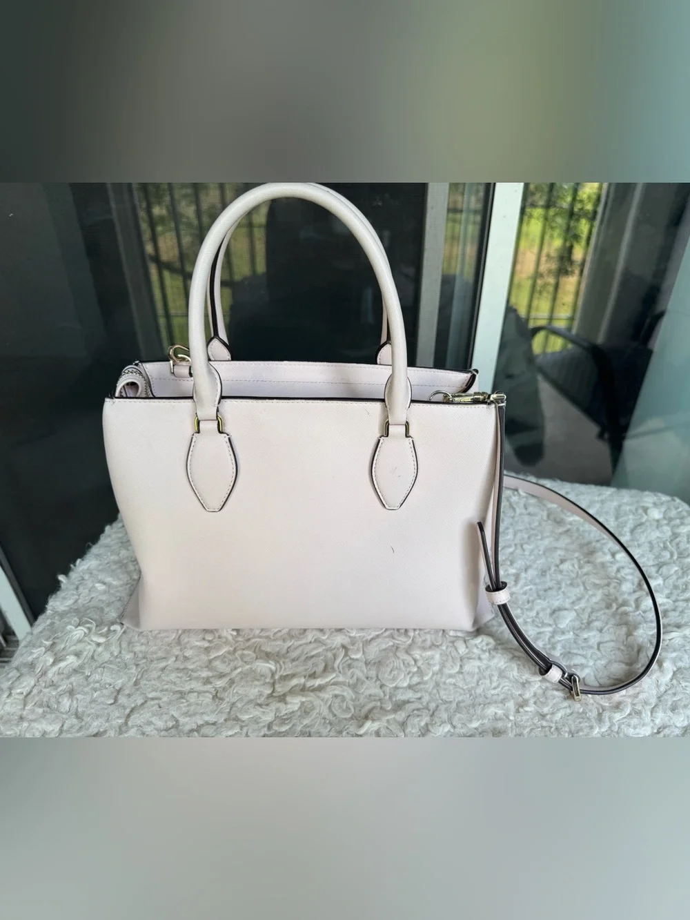 kate spade cream satchel with black trim